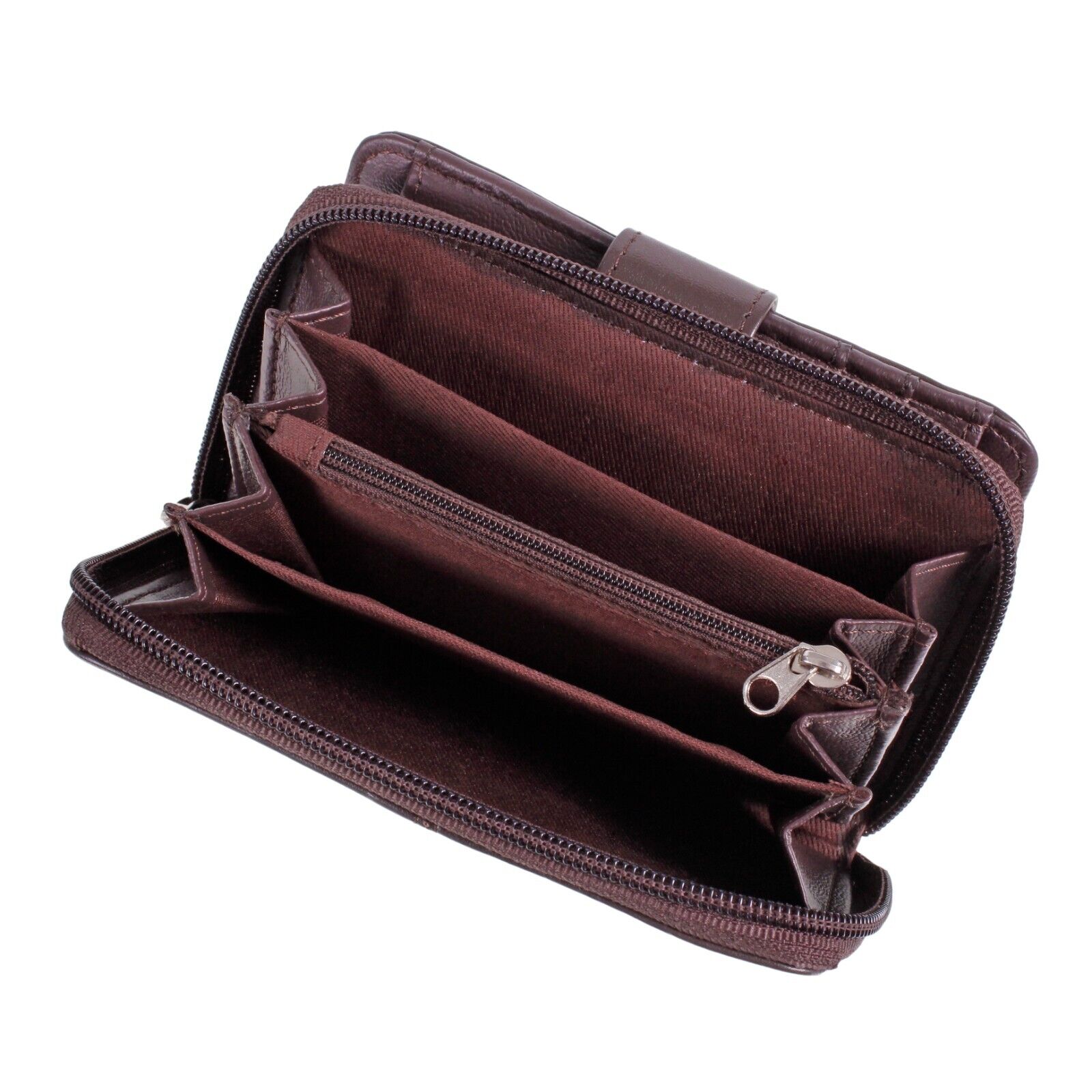 Ladies REAL LEATHER PURSE zip round wallet 6 card slots ID window Womens BROWN A