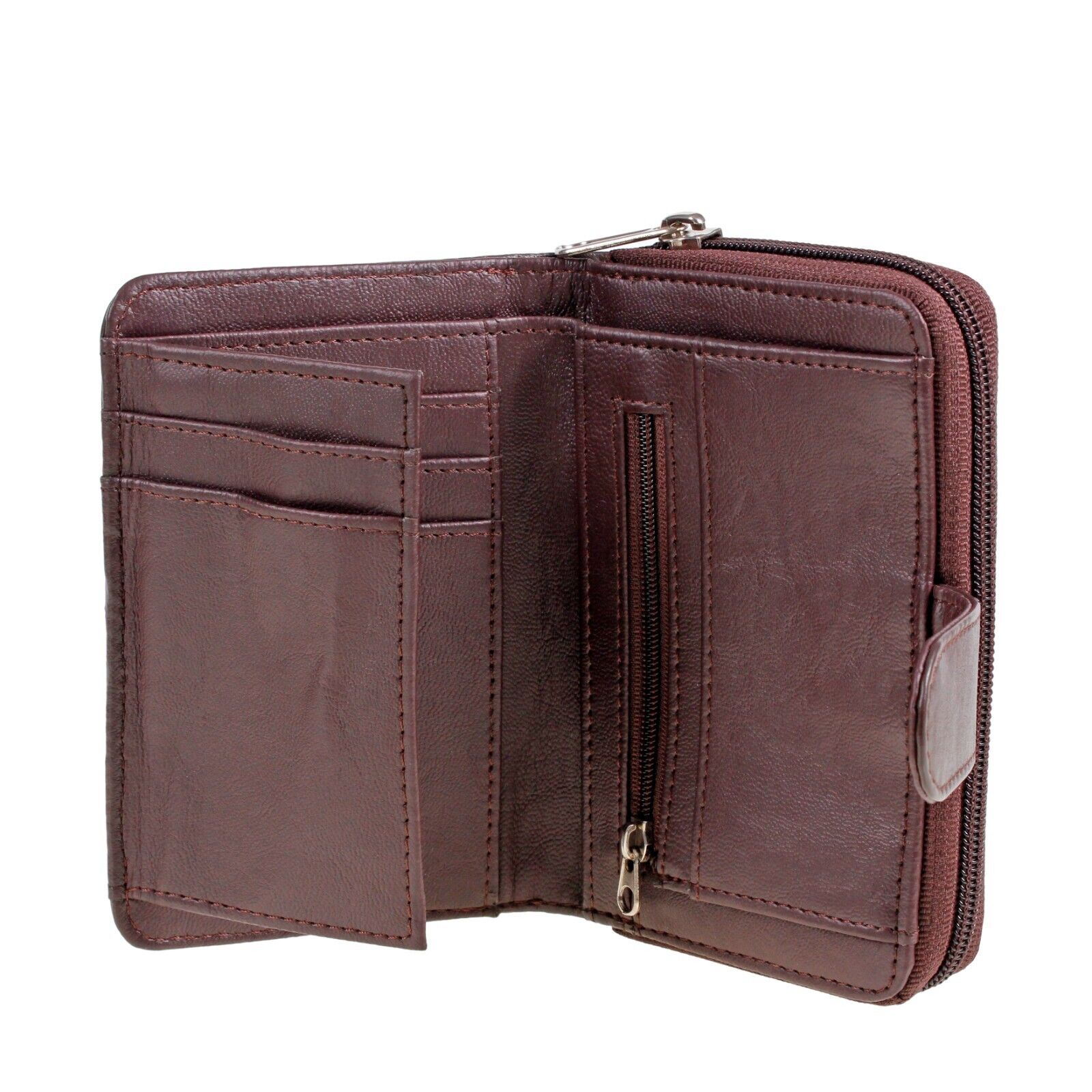 Ladies REAL LEATHER PURSE zip round wallet 6 card slots ID window Womens BROWN