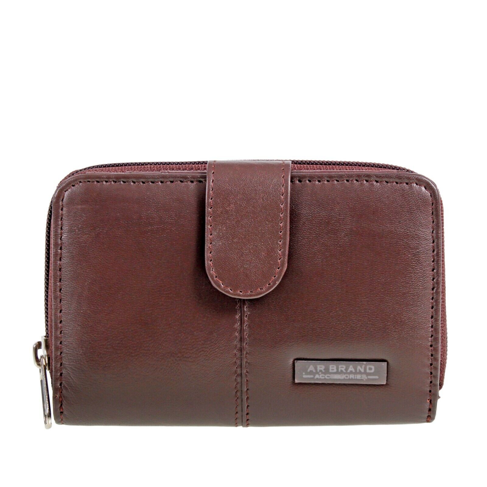 Ladies REAL LEATHER PURSE zip round wallet 6 card slots ID window Womens BROWN