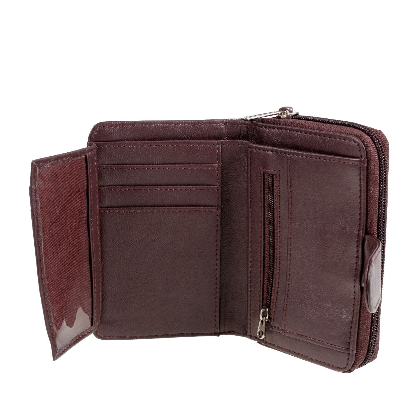 Ladies REAL LEATHER PURSE zip round wallet 6 card slots ID window Womens BROWN A
