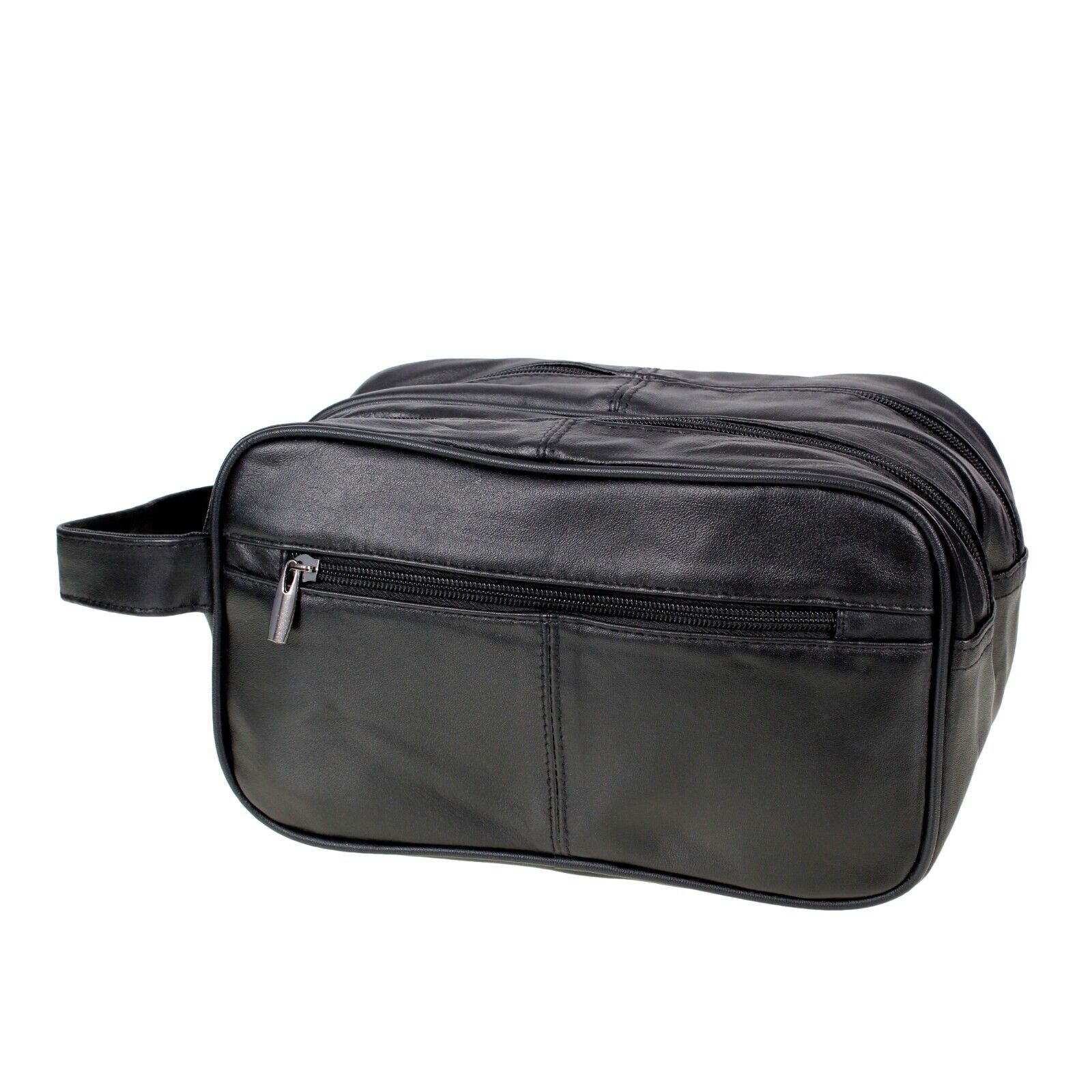 Leather Toiletry Wash Bag Travel Toiletries Double Mens Soft Black