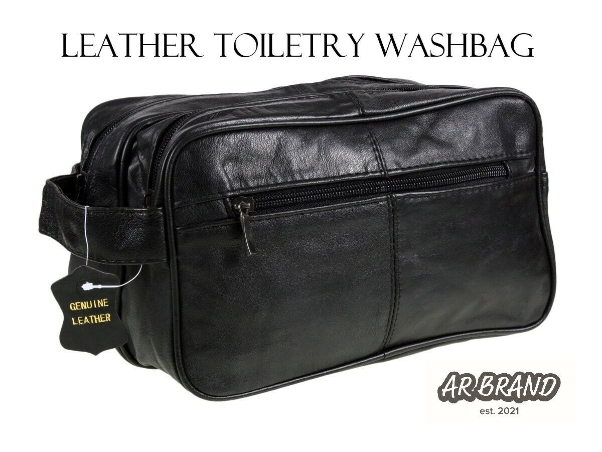 Leather Toiletry Wash Bag Travel Toiletries Double Mens Soft Black