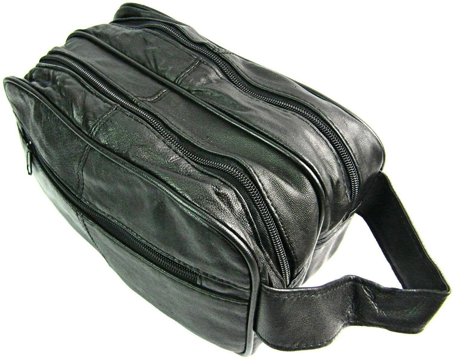 Leather Toiletry Wash Bag Travel Toiletries Double Mens Soft Black