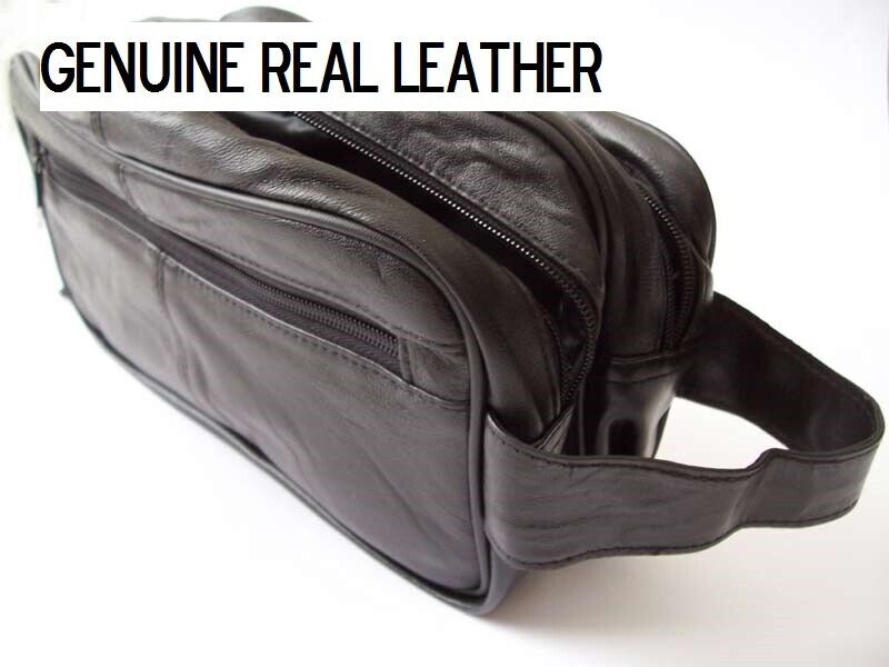 Leather Toiletry Wash Bag Travel Toiletries Double Mens Soft Black