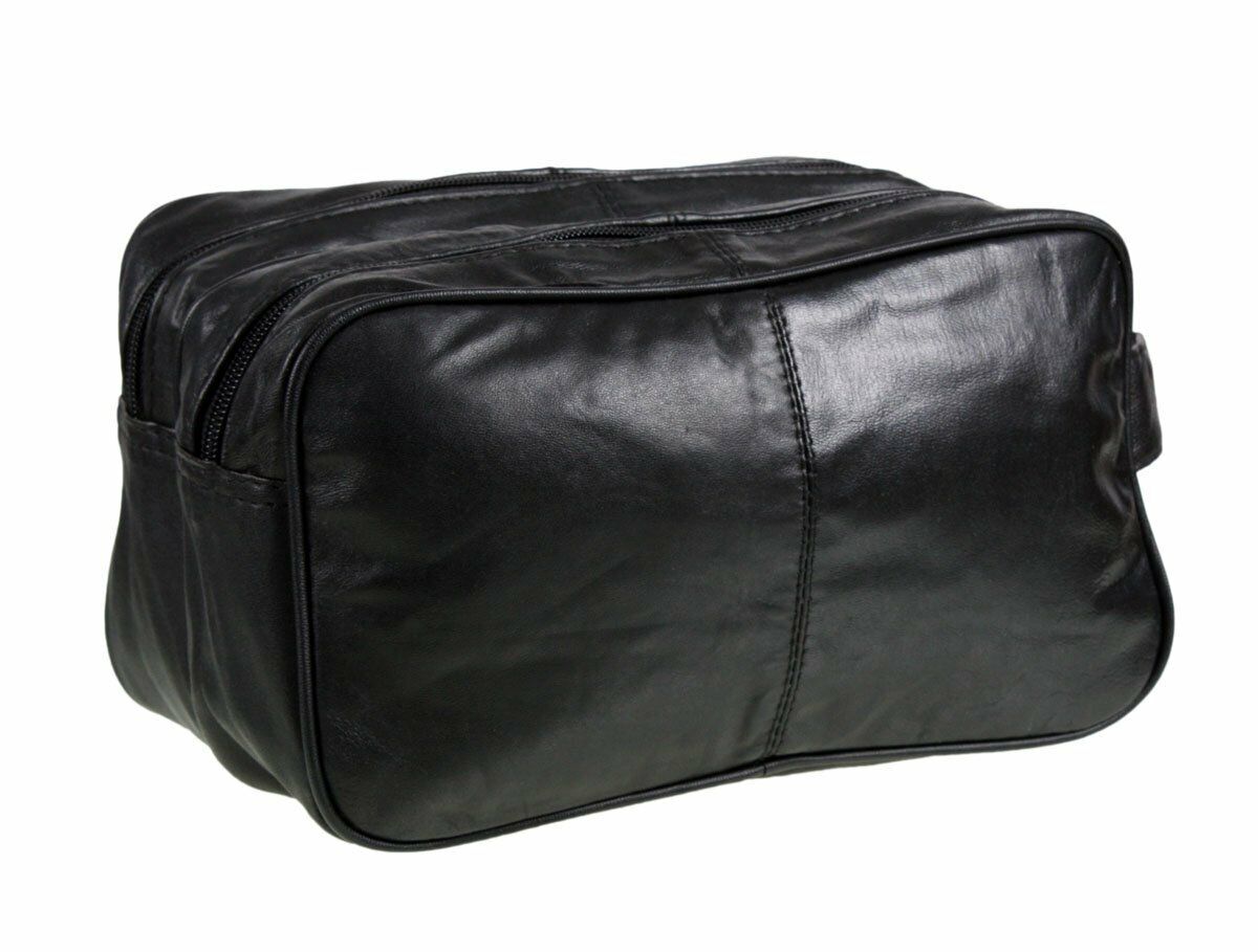 Leather Toiletry Wash Bag Travel Toiletries Double Mens Soft Black