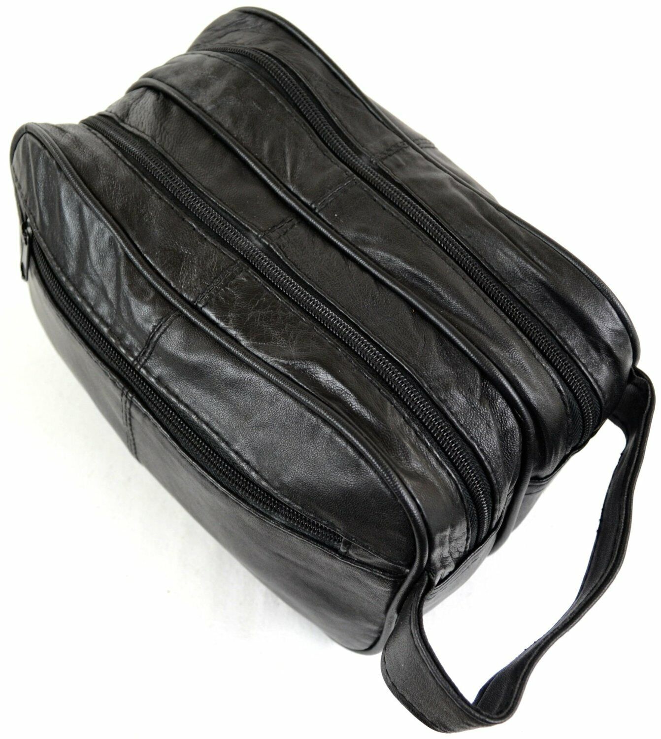 Leather Toiletry Wash Bag Travel Toiletries Double Mens Soft Black