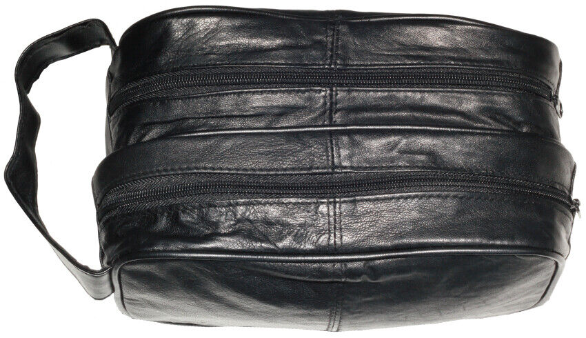 Leather Toiletry Wash Bag Travel Toiletries Double Mens Soft Black
