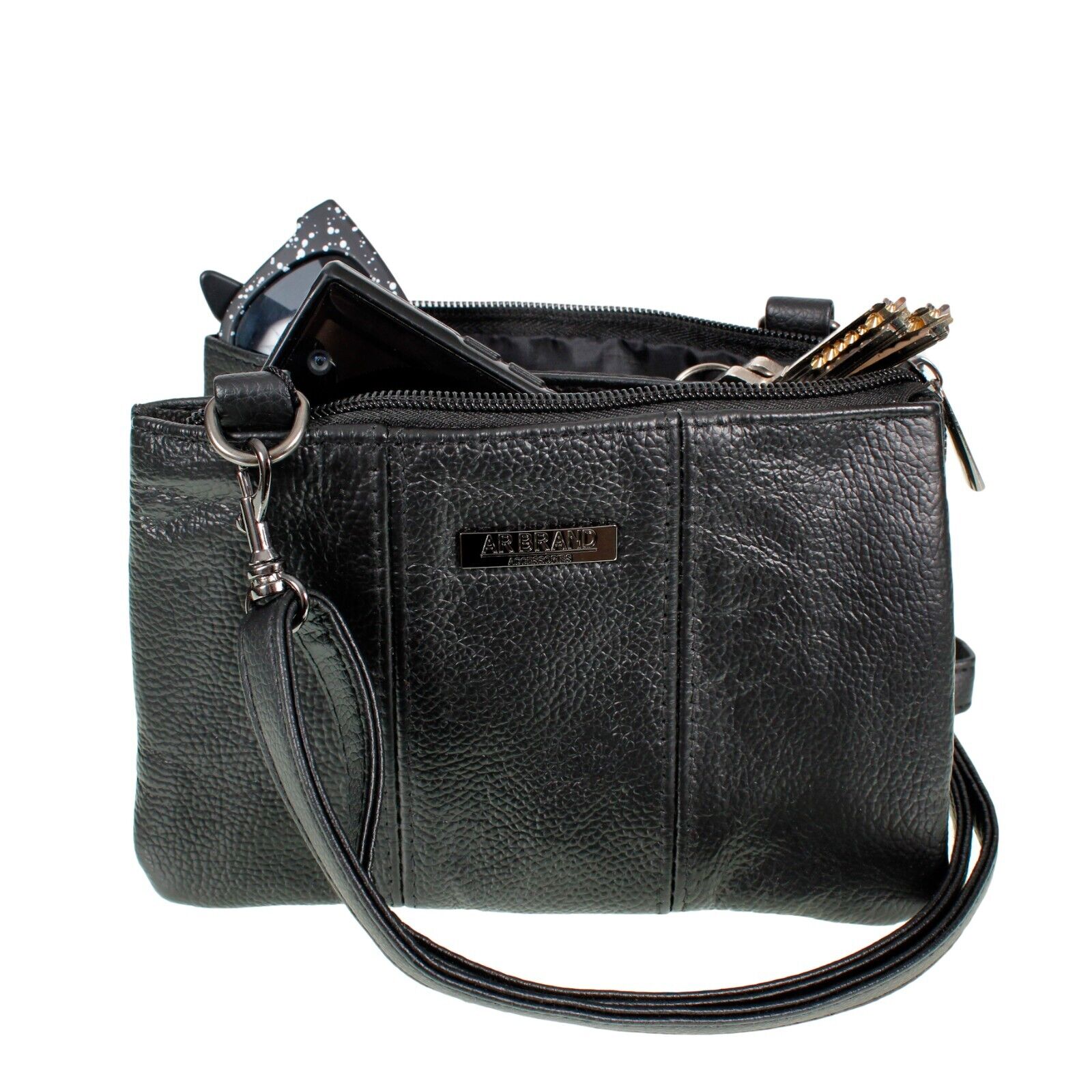 Ladies Small Leather Handbag with Zipped Triple Section Crossbody Shoulder Bag
