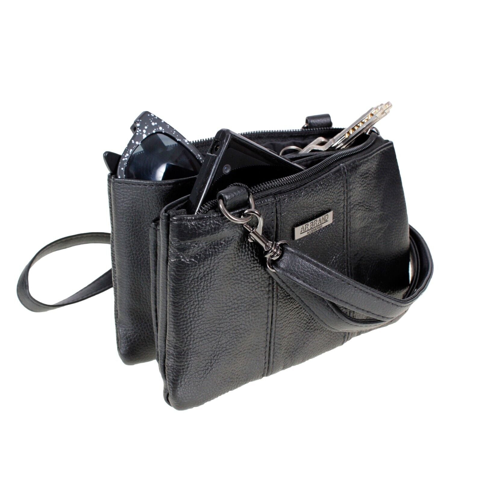 Ladies Small Leather Handbag with Zipped Triple Section Crossbody Shoulder Bag