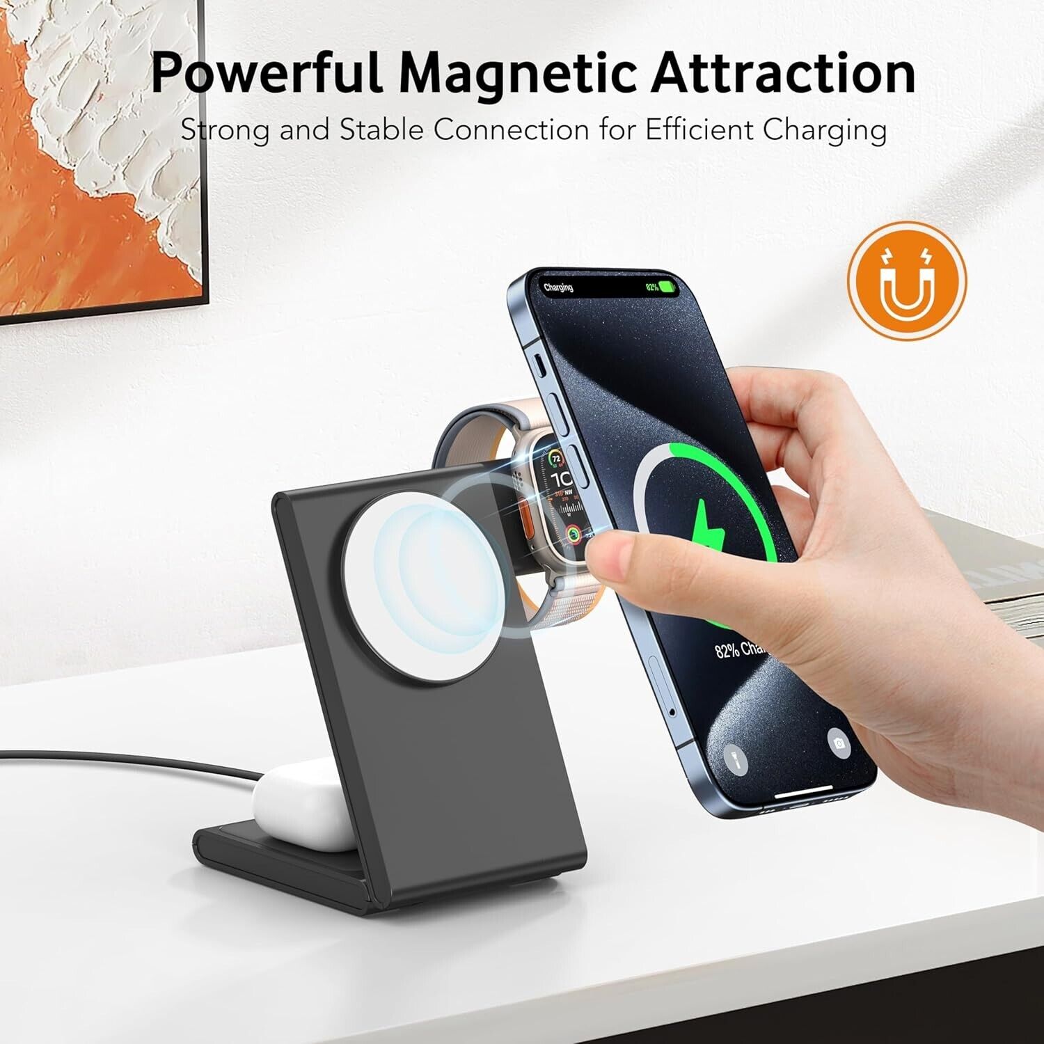 Foldable Wireless Charger Stand, 3 in 1 15W Fast Magnetic Wireless Charger Unit
