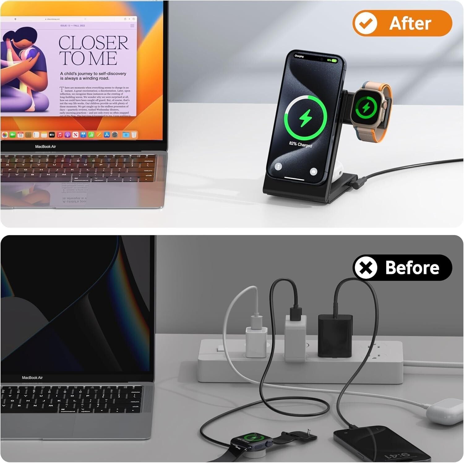 Foldable Wireless Charger Stand, 3 in 1 15W Fast Magnetic Wireless Charger Unit