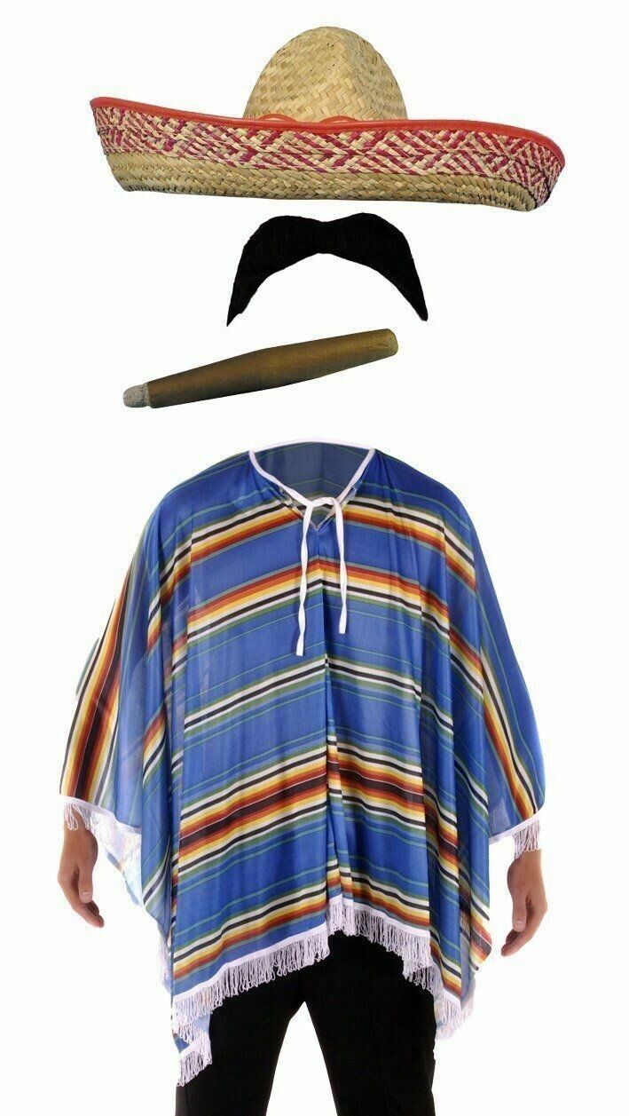Mexican Poncho Bandit Costume Set Sombrero Hat Moustache & Cigar AR