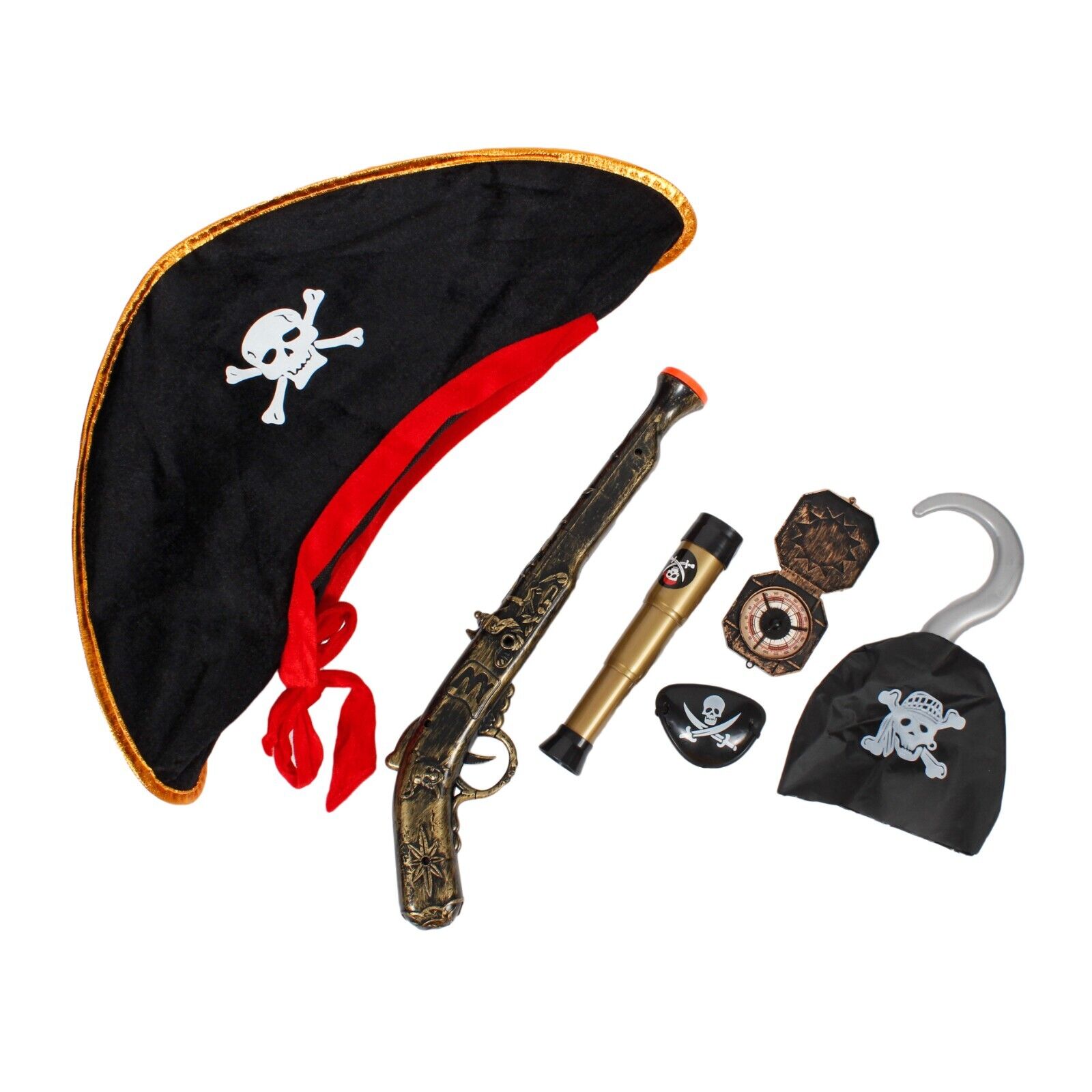 ADULT Pirate Fancy Dress Up Set Hook Pistol Gun Eye Patch Hat Compass