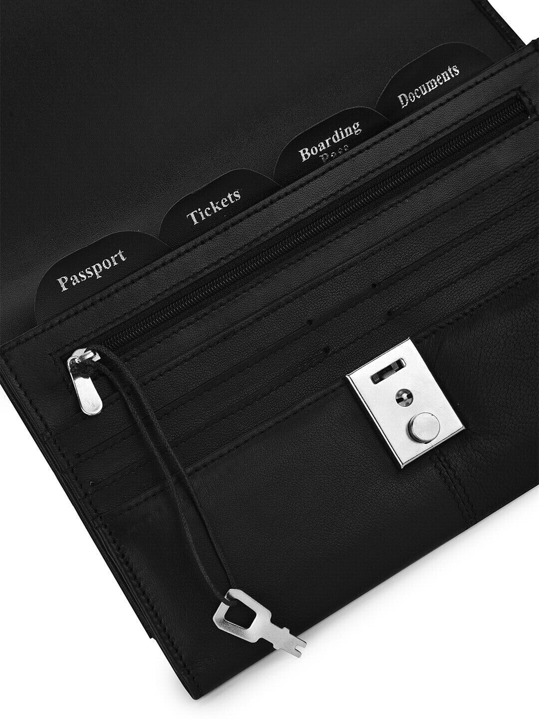 Leather TRAVEL Document WALLET ORGANISER with lock for Passport Notes Cards