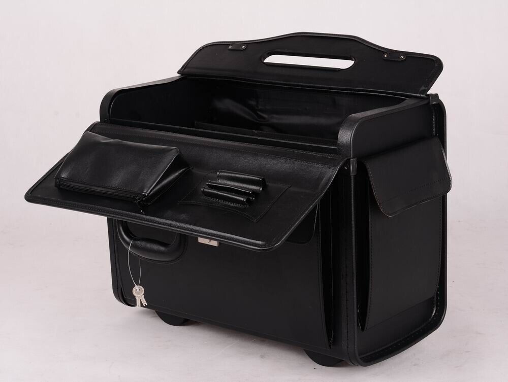 Large Quality Leather Pilot Case Wheeled Laptop Trolley Flight Bag Hand Luggage