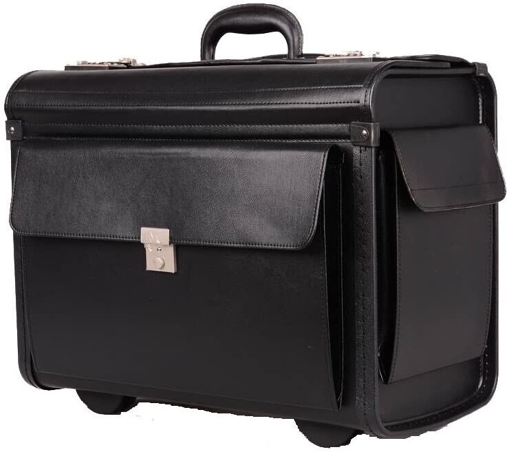 Large Quality Leather Pilot Case Wheeled Laptop Trolley Flight Bag Hand Luggage