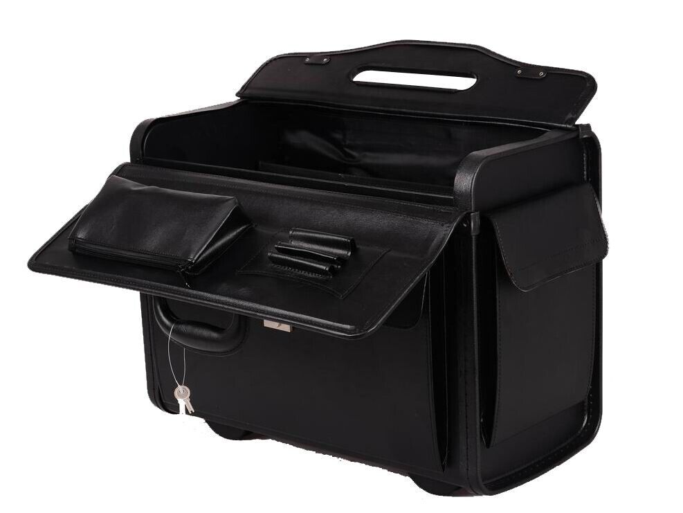 Large Quality Leather Pilot Case Wheeled Laptop Trolley Flight Bag Hand Luggage