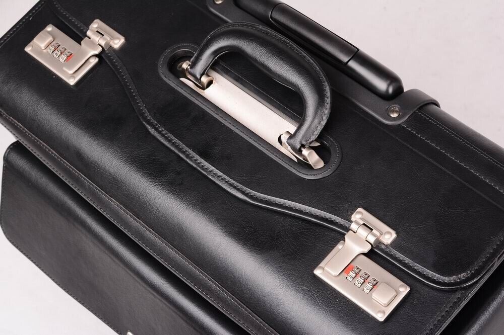 Large Quality Leather Pilot Case Wheeled Laptop Trolley Flight Bag Hand Luggage