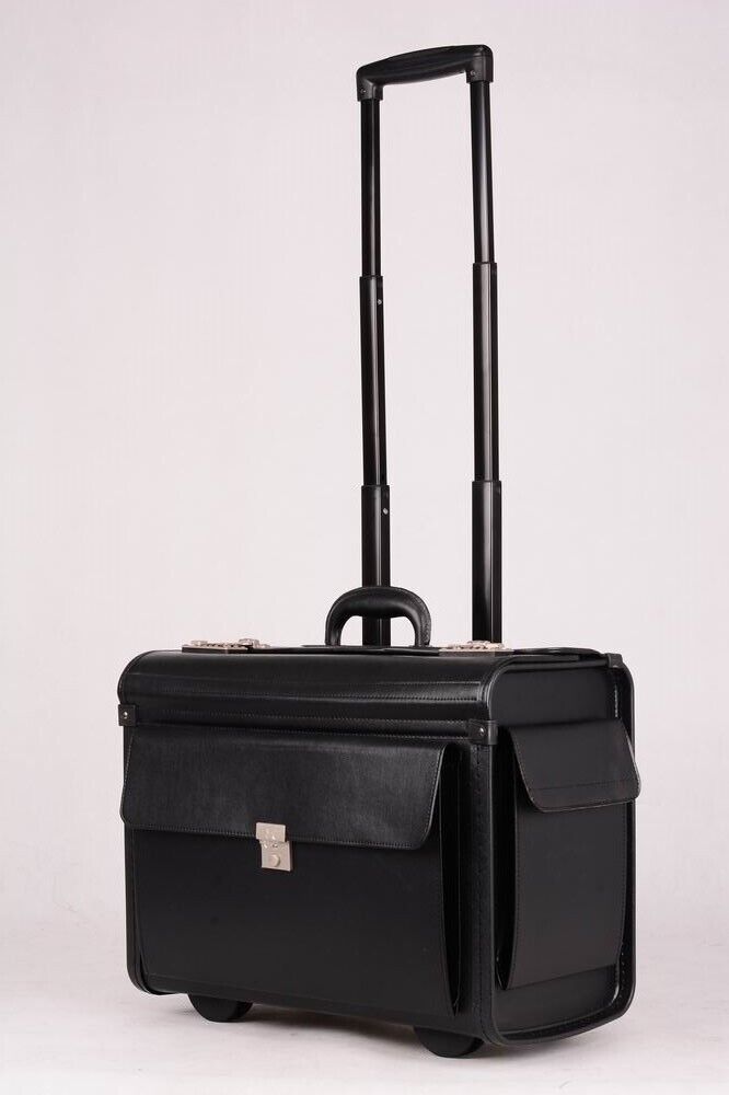 Large Quality Leather Pilot Case Wheeled Laptop Trolley Flight Bag Hand Luggage