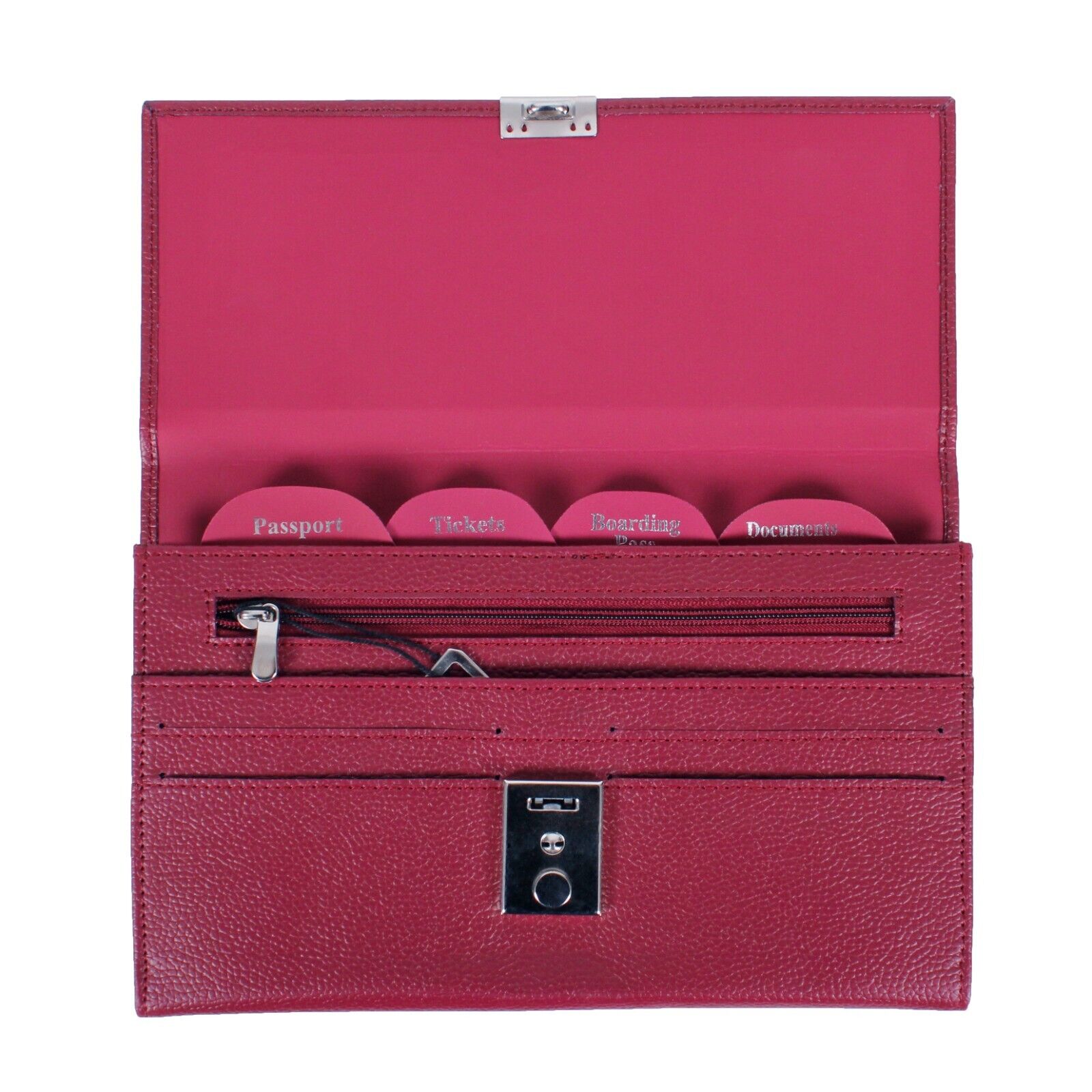 Vegan Leather TRAVEL Document WALLET ORGANISER with lock for Passport Red Burg