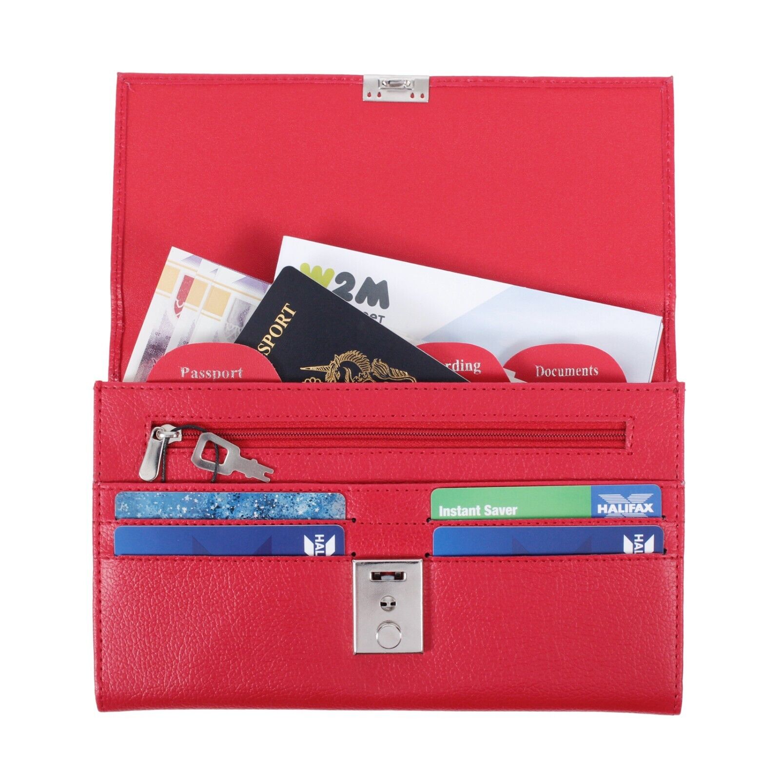 Vegan Leather TRAVEL Document WALLET ORGANISER with lock for Passport Red Burg