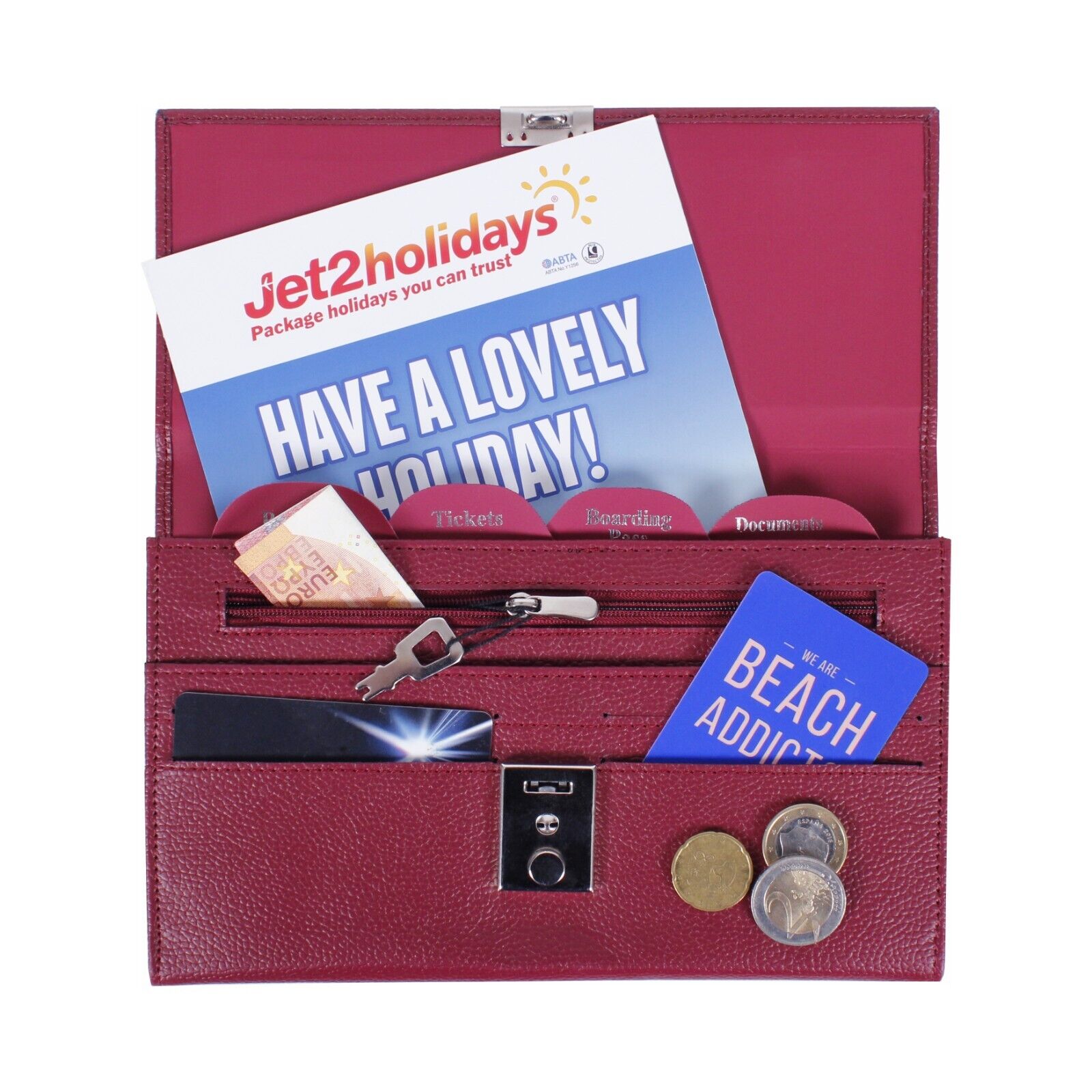 Vegan Leather TRAVEL Document WALLET ORGANISER with lock for Passport Red Burg