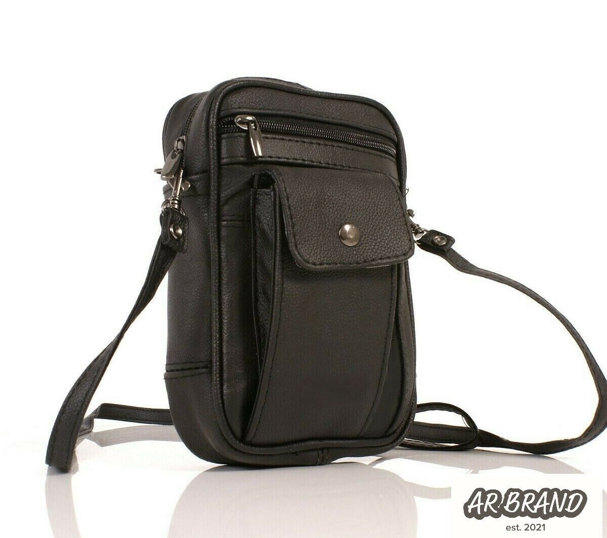 Mens Travel Bag Phone Pouch Crossbody Shoulder Bag Black Leather