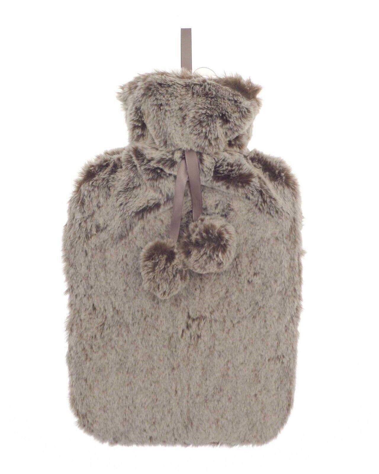 Hot Water Bottle Luxury Two Tone Choc Brown Cosy Faux Fur Pom Pom 2 Litre