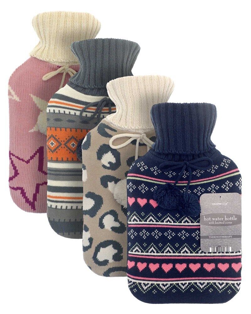 Hot Water Bottle Luxury Cosy Knitted Faux Fur Plush Jacquard Trendy 2 Litre UK