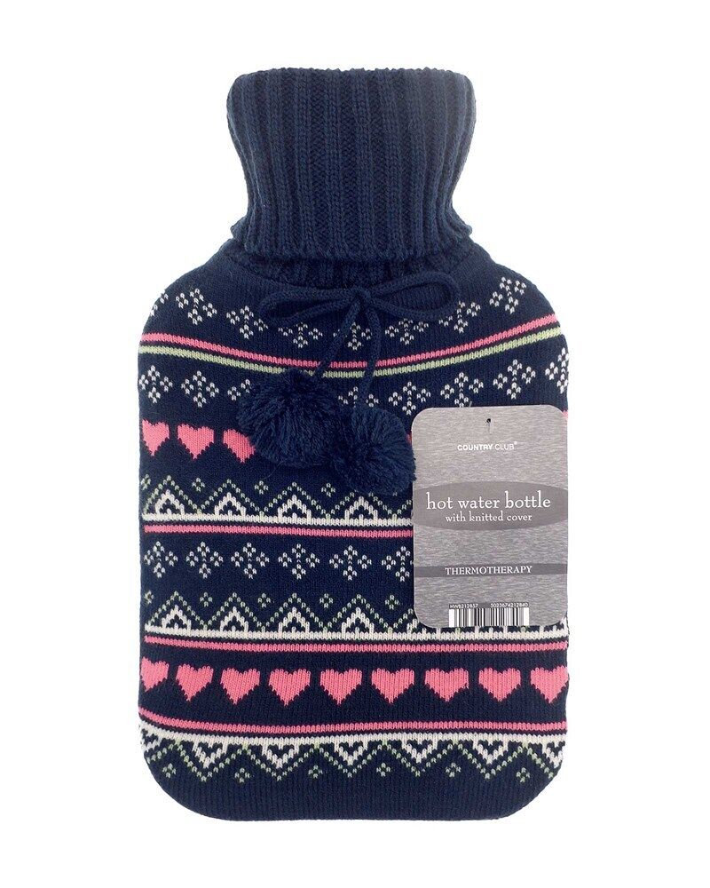 Hot Water Bottle Luxury Cosy Knitted Faux Fur Plush Jacquard Trendy 2 Litre UK