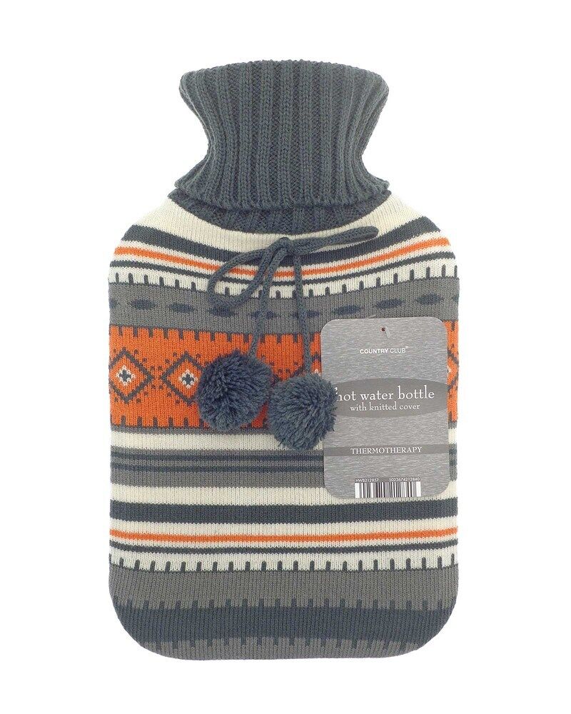 Hot Water Bottle Luxury Cosy Knitted Faux Fur Plush Jacquard Trendy 2 Litre UK