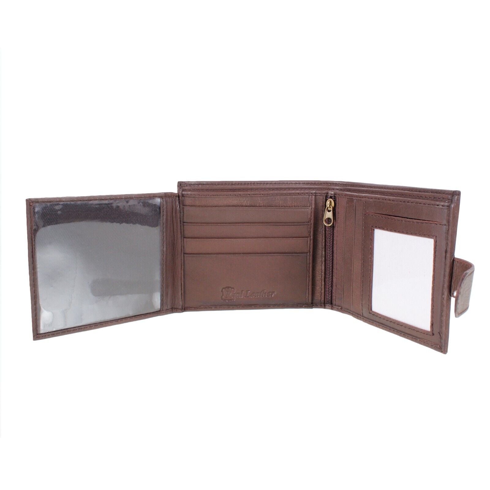 Mens RFID Real Leather Wallet With Zip Pocket Coin Pouch & ID Window Brown