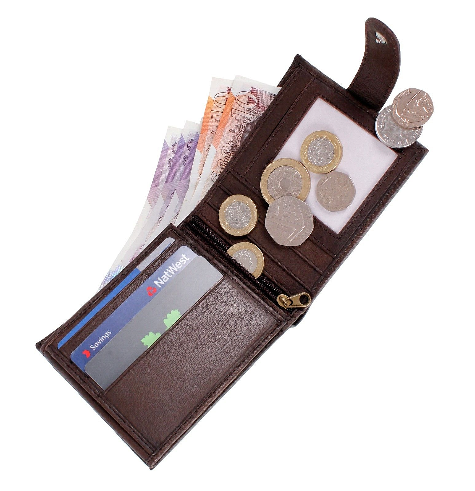 Mens RFID Real Leather Wallet With Zip Pocket Coin Pouch & ID Window Brown