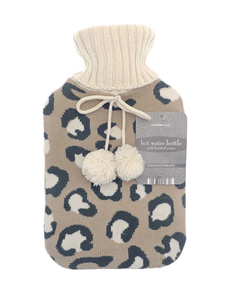 Hot Water Bottle Luxury Cosy Knitted Faux Fur Plush Jacquard Trendy 2 Litre