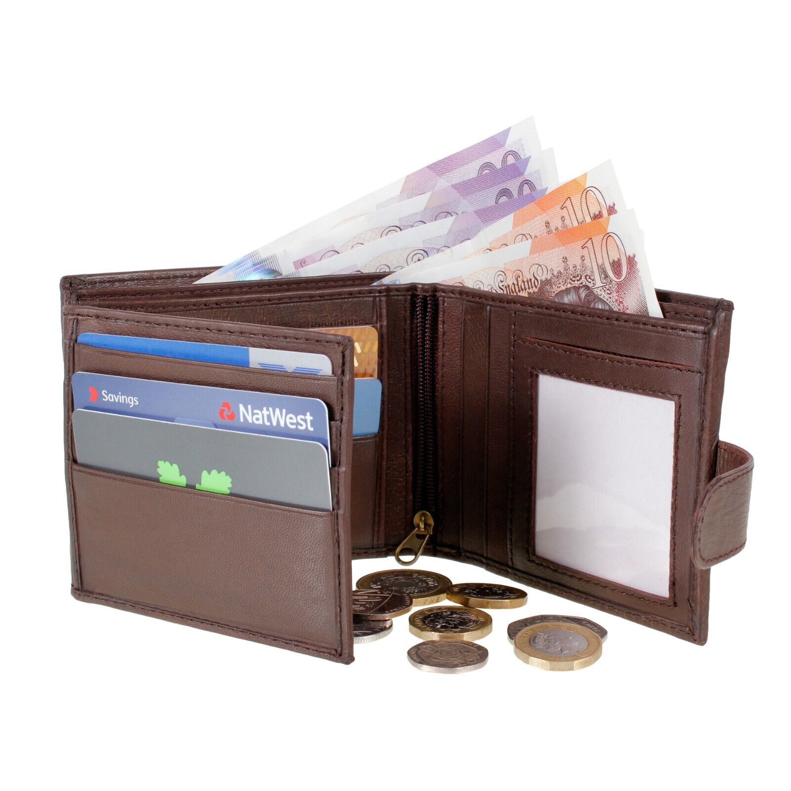 Mens RFID Real Leather Wallet With Zip Pocket Coin Pouch & ID Window Brown