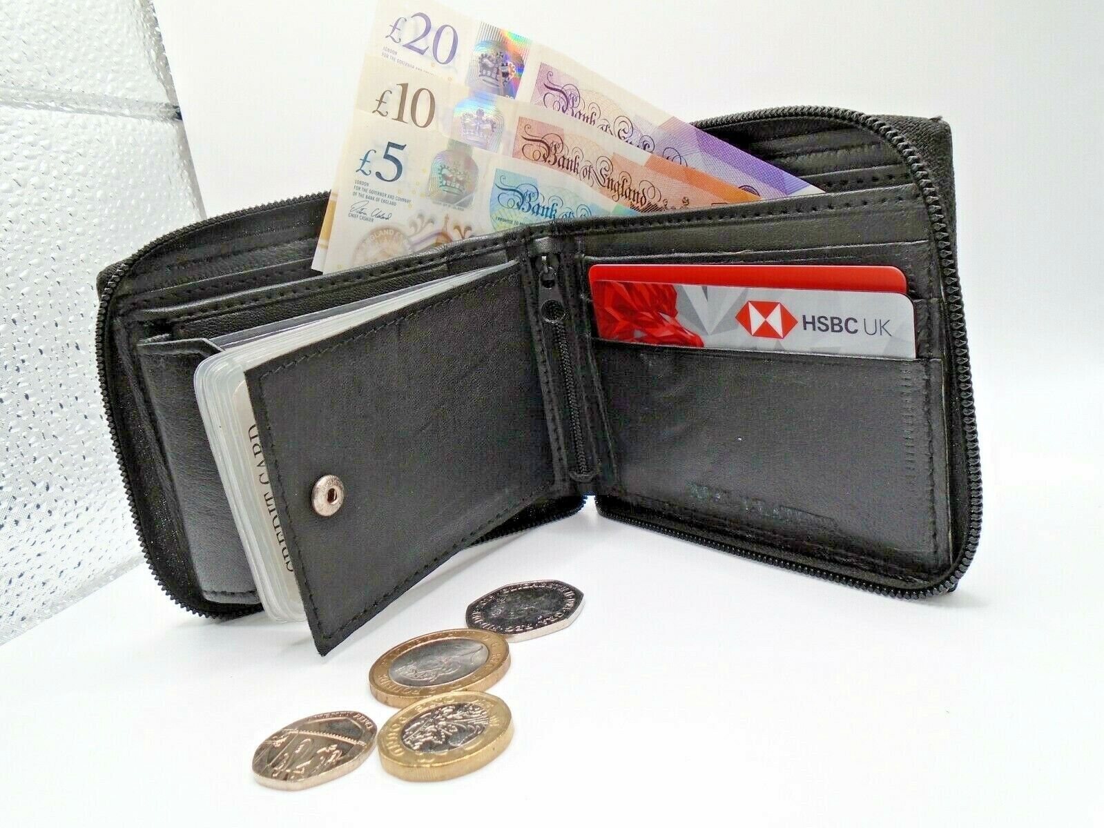 Mens Wallet Full Zip Leather Credit Card ID Coin Wallet RFID UK SELLER BLACK v