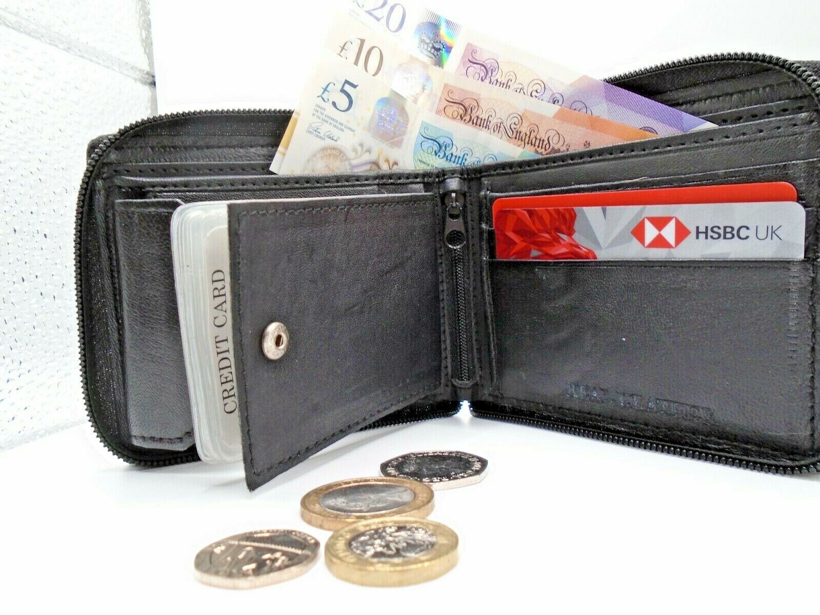 Mens Wallet Full Zip Leather Credit Card ID Coin Wallet RFID UK SELLER BLACK v