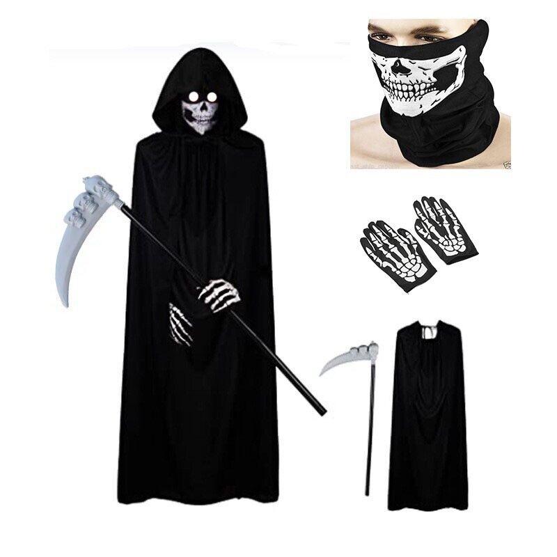 Grim Reaper Halloween Costume Hooded Cloak Black Cloak Scythe Skull Mask UK