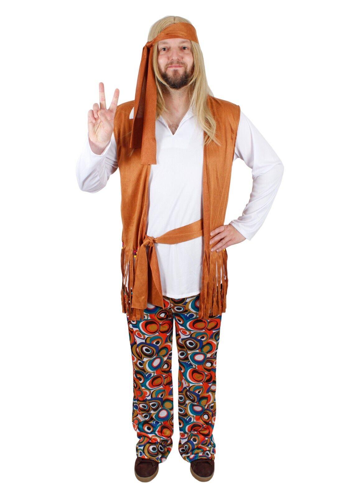 Mens Hippie Man Costume Peace Flower Power 60's 70's  Adult Fancy Dress Party uk