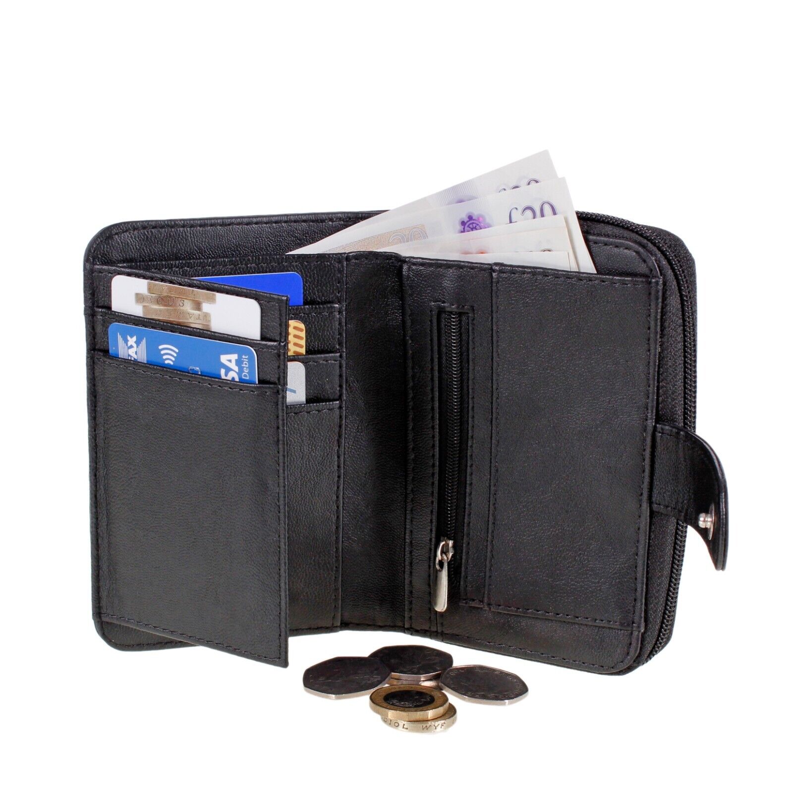 Ladies REAL LEATHER PURSE zip round wallet 6 card slots window QUALITY Womens