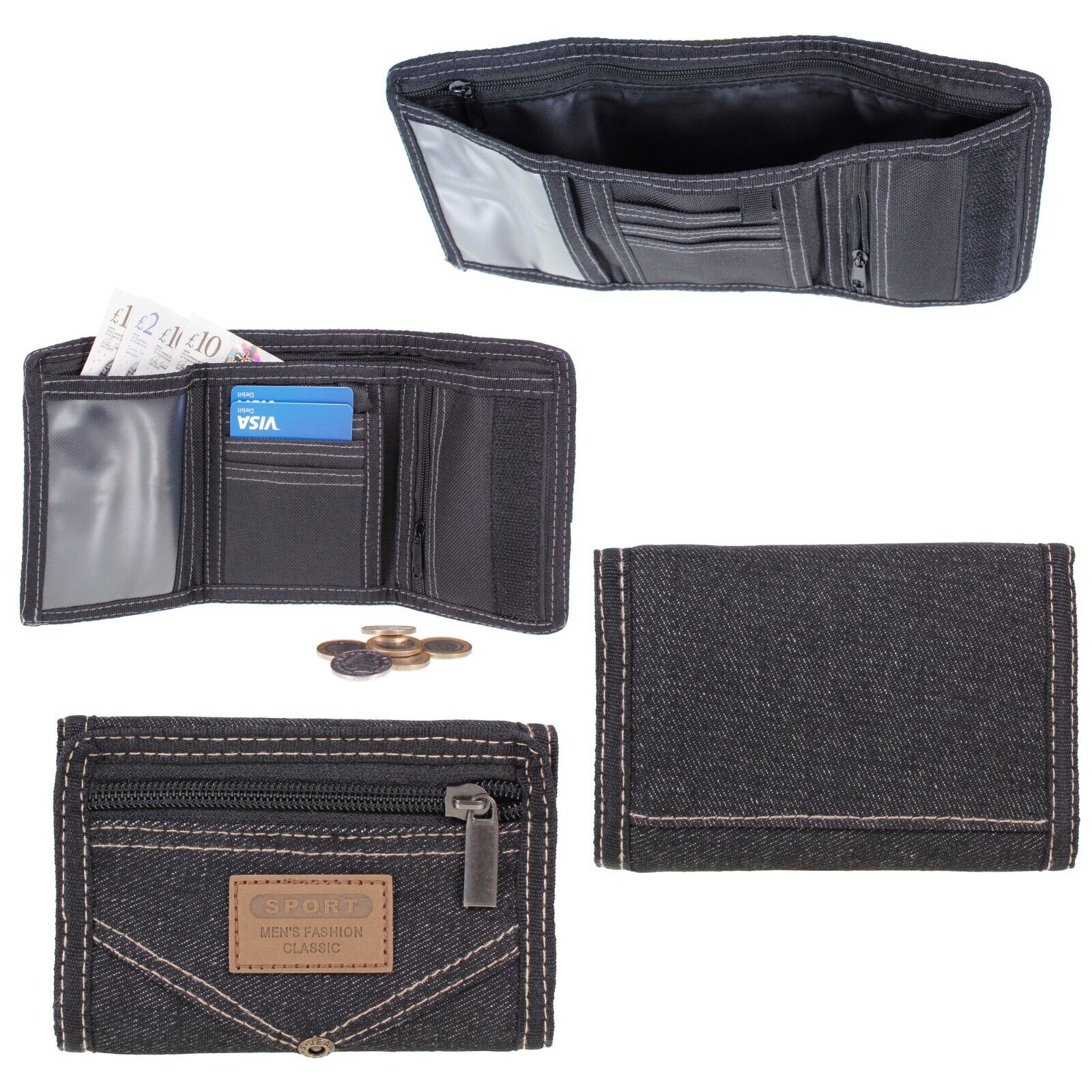 Mens Black Denim TriFold Slim Value Canvas Sports Wallet Zip Boys