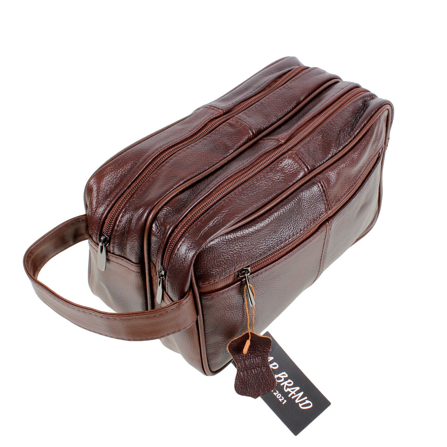 Large LEATHER WASH BAG zipped sections cowhide toiletries toiletry travel