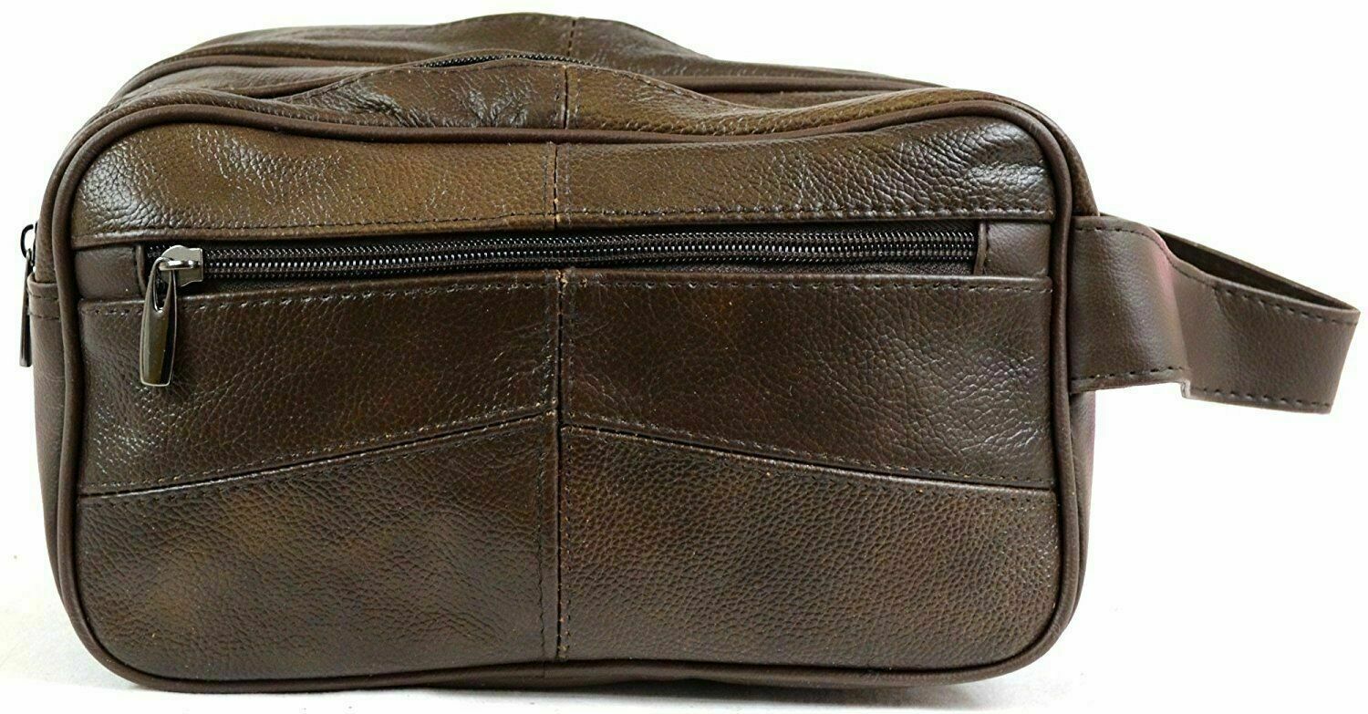 Large LEATHER WASH BAG zipped sections cowhide toiletries toiletry travel