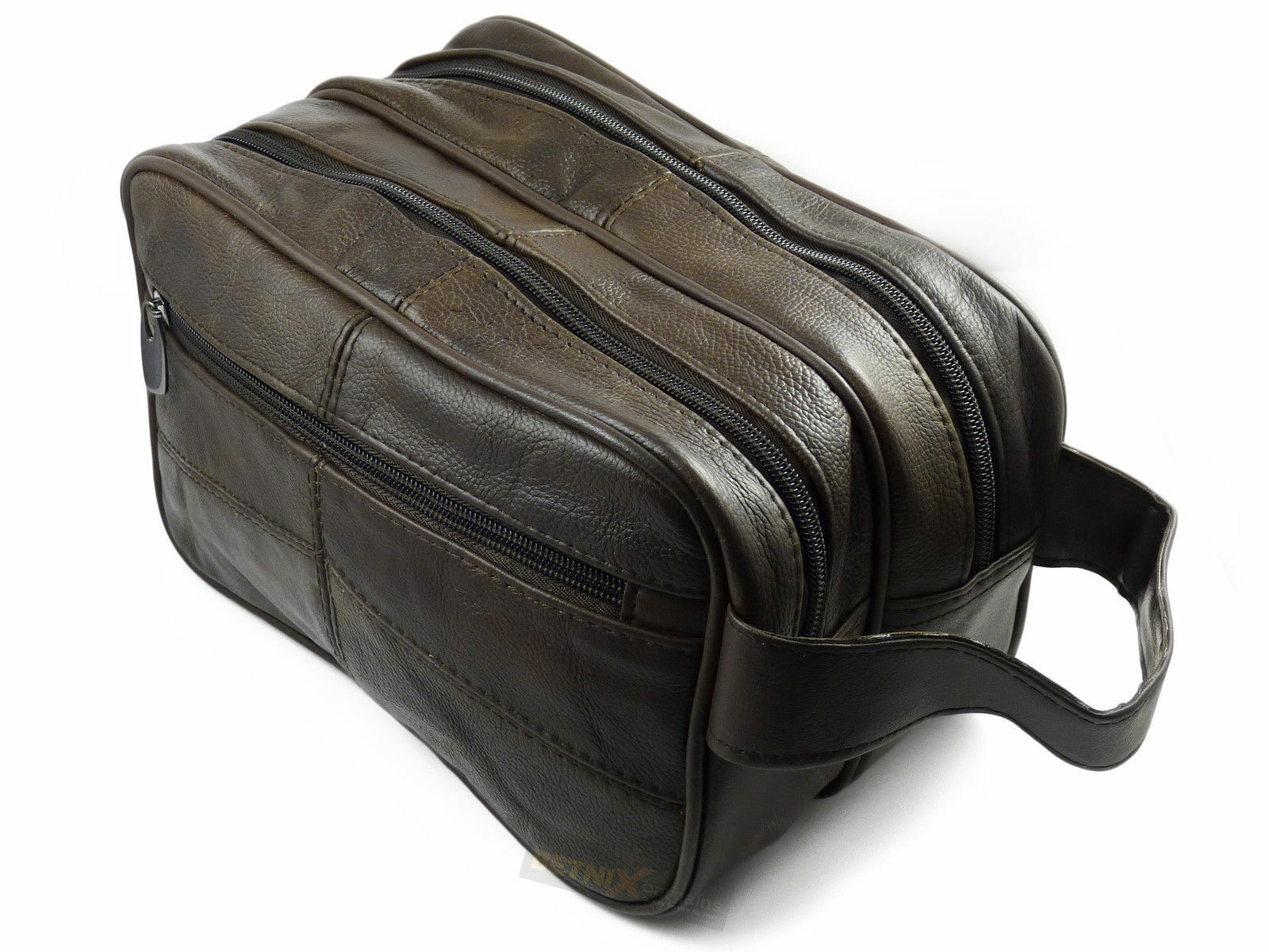 Large LEATHER WASH BAG zipped sections cowhide toiletries toiletry travel