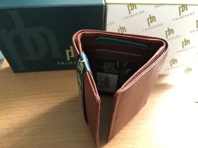 Prime Hide Mens Leather Wallet Trifold RFID Blocking Brown