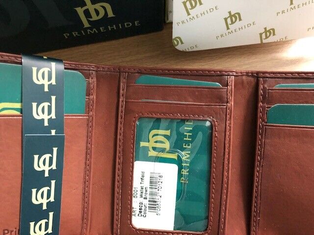 Prime Hide Mens Leather Wallet Trifold RFID Blocking Brown