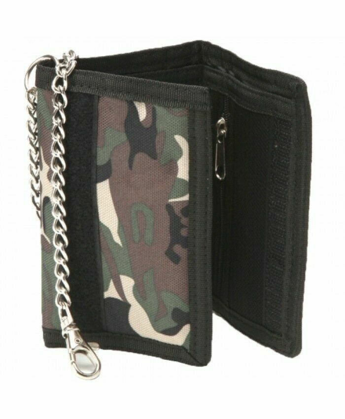 Mens Camouflage Canvas Tri-Fold Wallet with Chain & Clip