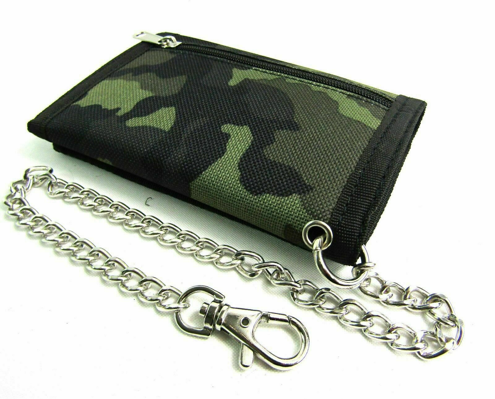 Mens Camouflage Canvas Tri-Fold Wallet with Chain & Clip