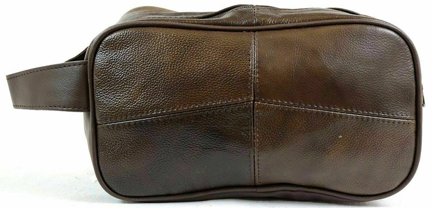 Large Double Zipped Top Washbag Genuine Cowhide Brown Leather Model