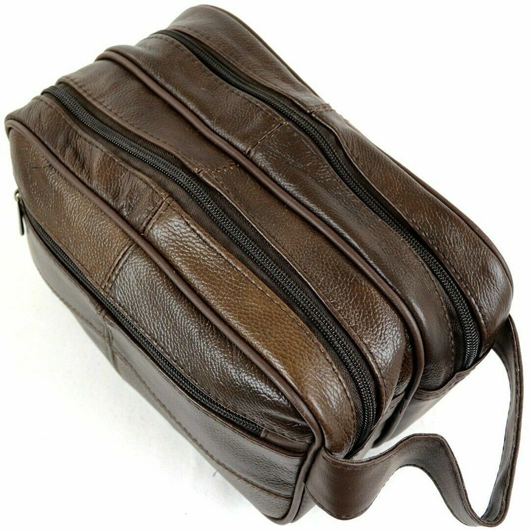 Large Double Zipped Top Washbag Genuine Cowhide Brown Leather Model